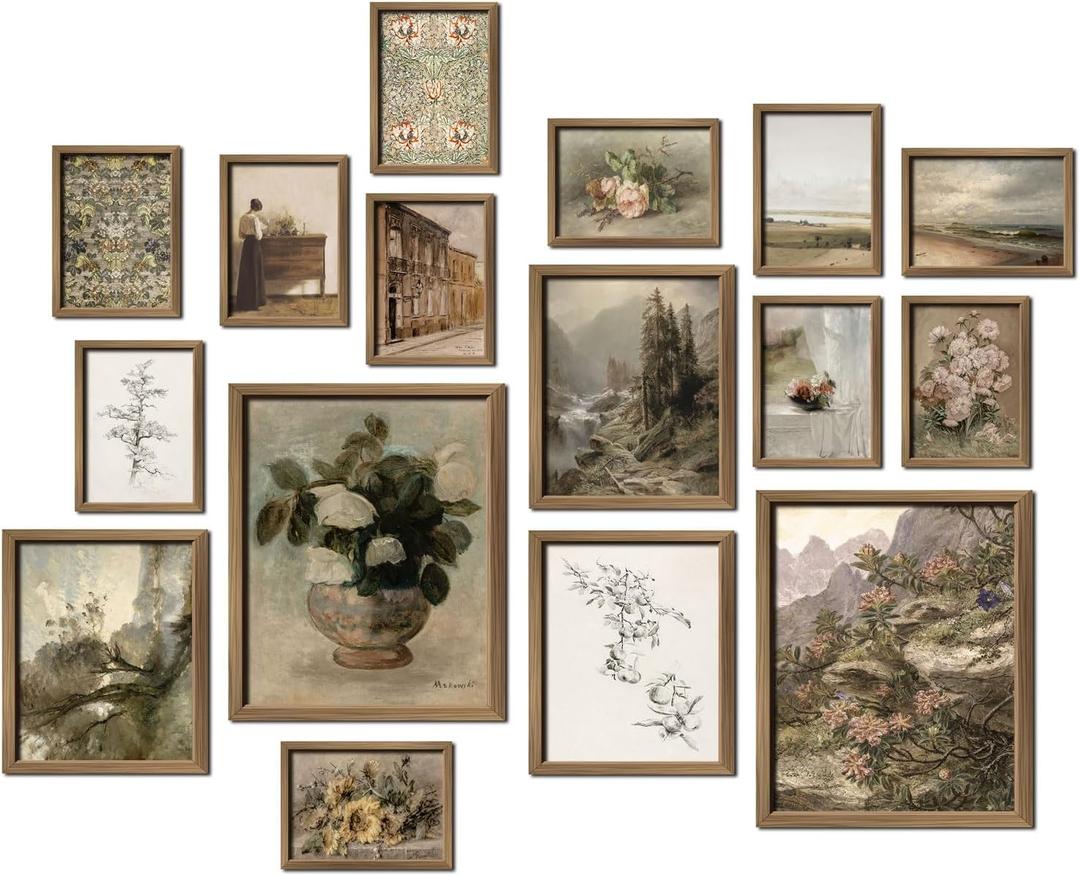 16 PCS Framed Vintage Wall Art Decor, French Country Farmhouse Gallery Wall Frame Set Prints for Bedroom Bathroom, Rustic Landscape Posters for Living Room Aesthetic, Cottagecore Dorm Home Collage Kit (12"x15" Framed)