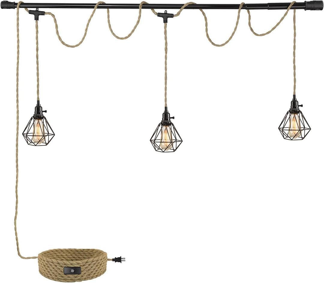 3-Light Hanging Light with Plug in Cord,Plug in Pendant Light 22ft Hemp Rope Pendant Lighting Vintage 3-Light Hanging Lamp Fixtures for Kitchen Island Living Room Bedroom