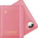 Stouchi AirTag Passport Holder, Cute Passport Holder with Airtag Slot, RFID Passport Wallet Cover for Women, Family Leather Passport Protector Case, Anti-Lost Travel Essentials, Pink