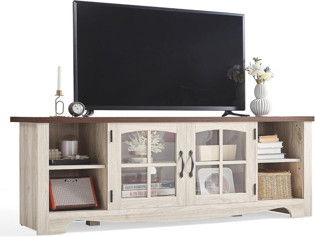 LINSY HOME TV Stand for 75 Inch TV, Modern Farmhouse Entertainment Center with Storage Cabinets and Glass Doors, Tall Media Console Table for Living Room, Bedroom, Large Long Television Stand, Beige (66", Washed Grey & Brown)