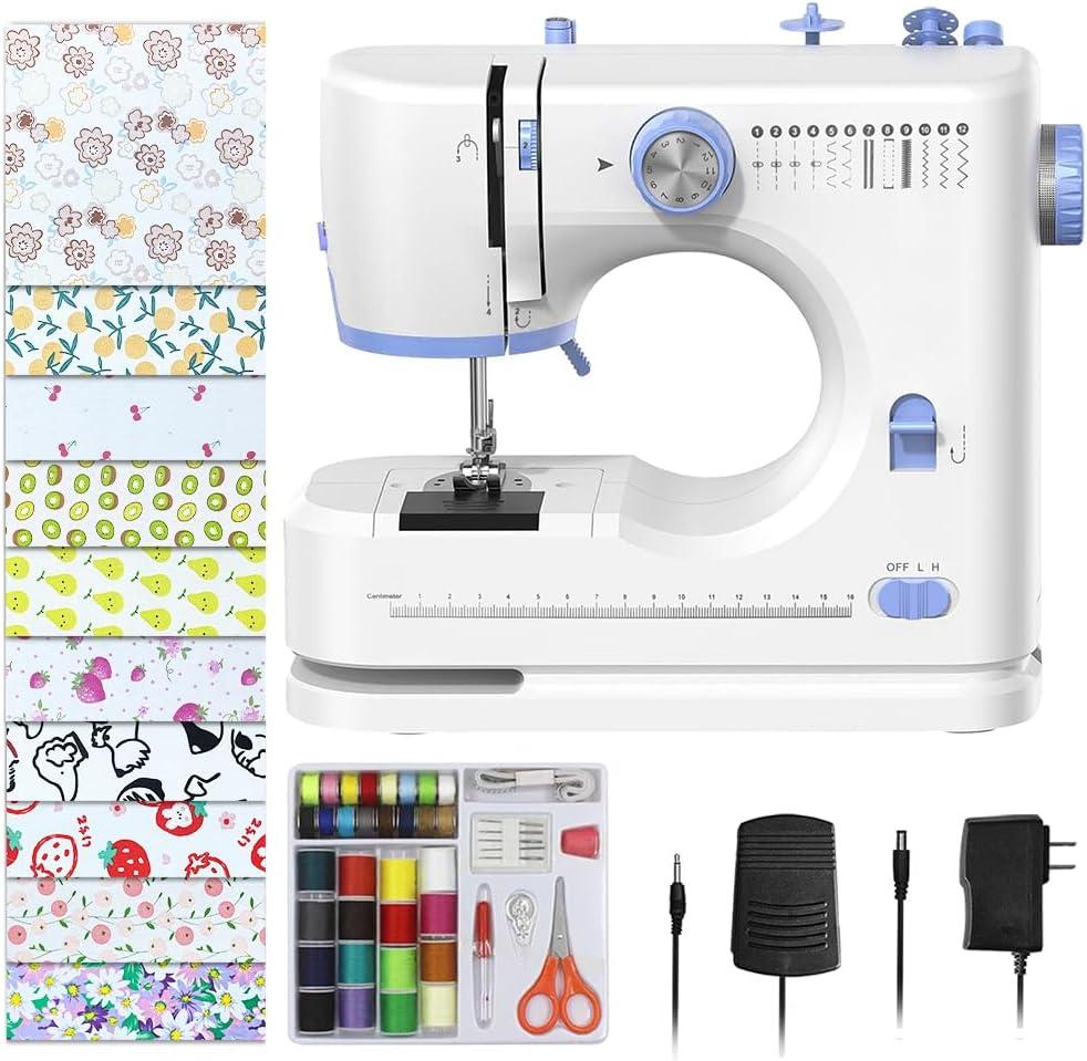 Sewing Machine for Beginners with 20Pcs Fabric & 32Pcs Sewing Threads Kit,Portable Sewing Machine with 12 Built-in Stitches - W&B