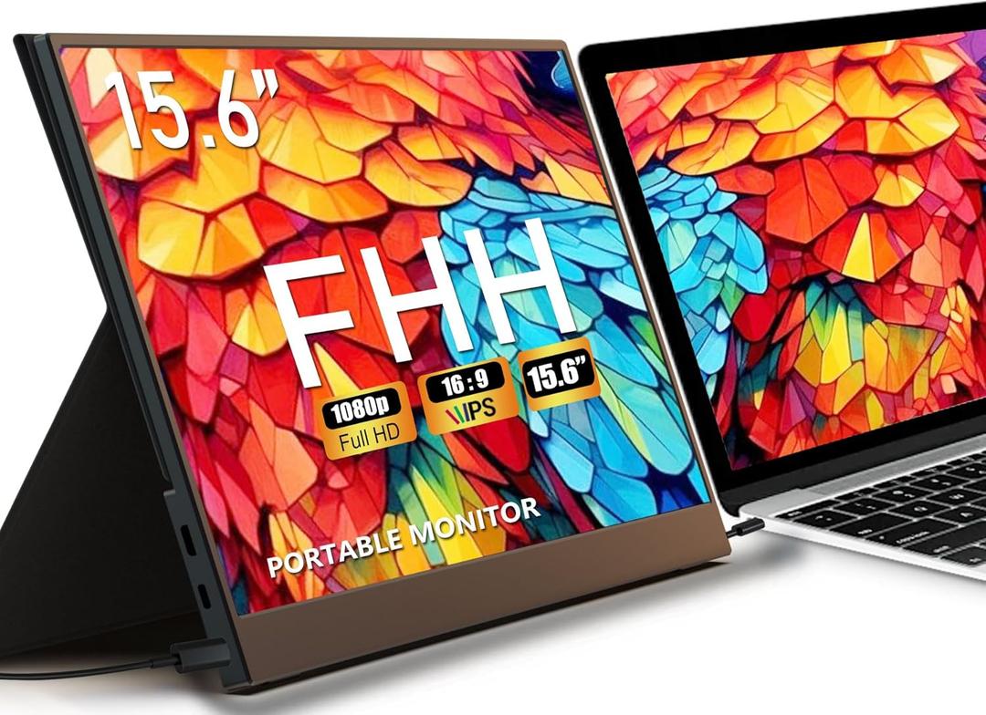 FHH Portable Monitor for Laptop, Metal 15.6'' FHD1080P Laptop Screen Extender Dual Monitor HDMI USB C- Plug & Play Cover Speaker Laptop Monitor Extender for Windows, Mac, Phone, Switch, PS4/5 (C1-BLACK-15.6IN)