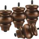 ALAMHI Round Wood Furniture Legs 3.5 Inch Gourd Shape Wood Sofa Legs with Adjustable Leveling Leg Replacement 5/16 inch Bolt for Cabinets,Coffee Table,Ottoman,TV Stand,Loveseat,Armchair Set of 4 Brown
