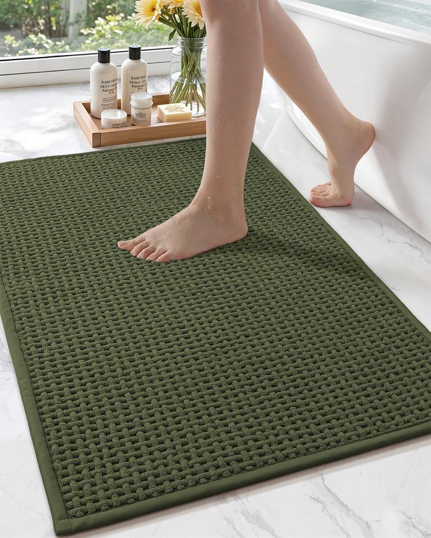 Color&Geometry Rubber Backed Waffle Bath Mat 36x24, Non Slip Machine Washable Bathroom Rugs, Soft Absorbent Chenille Boho Carpet for Bathroom Floor, Tub and Shower, Green