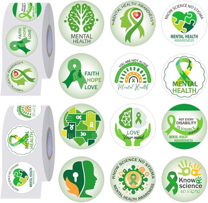BAISDY 1000Pcs Mental Health Awareness Stickers, 1.5inch Green Ribbon Awareness Waterproof Decals for Adult Women Men Fundraiser Event Mental Health Handout Supplies, 12 Design
