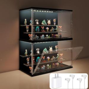 2PCS Clear Display Case for Collectibles, 3-Tier Adjustable Display Case with Led Light,Stackable Storage Bins with Magnetic Door for Jewelry (Black) (2 Pack-17.4"H)