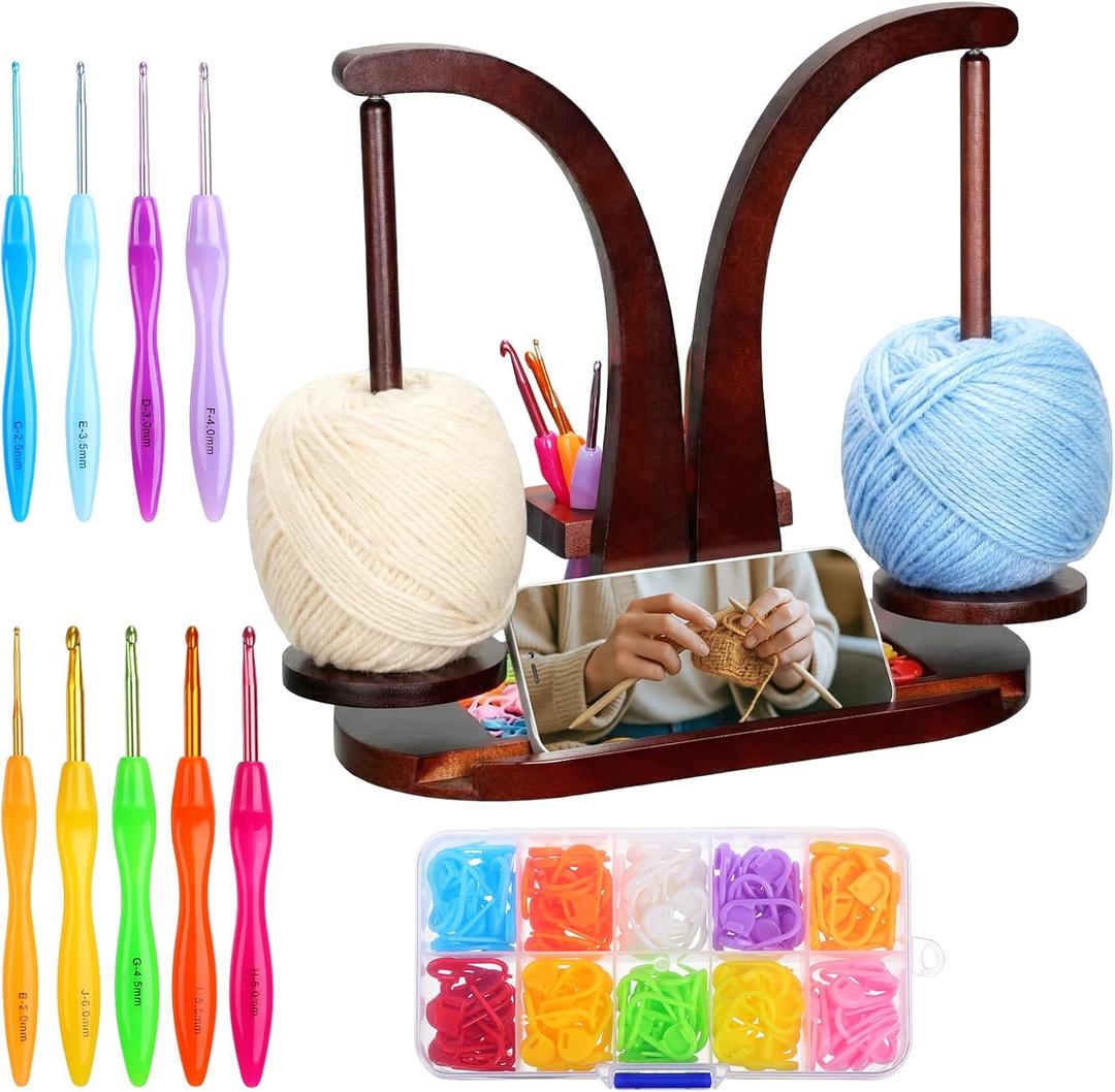 Yinkin Wooden Yarn Holder for Crocheting and Knitting, Magnetic Rotating Yarn Ball Holder with 2 Spindles and Crochet Hook, Stitch Markers for Knitting & Crocheting, DIY Lovers Crafts