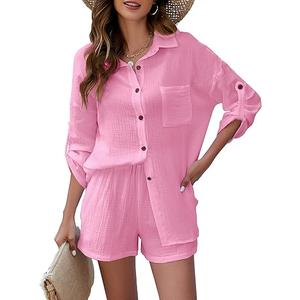Flygo Women's 2 Piece Outfits Lounge Short Sets Cotton Linen Roll Up Sleeve Button Down Shirt Top Shorts Set (Large, Pink)