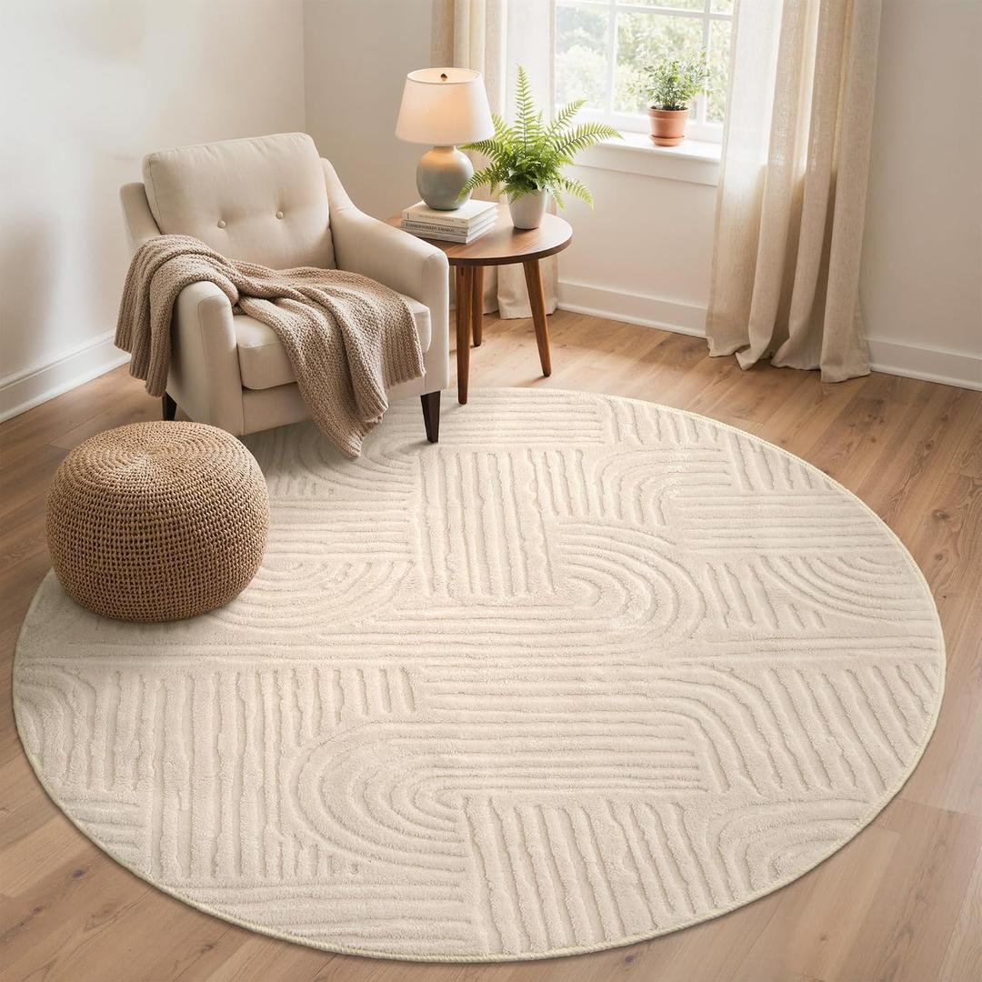 GENIMO Soft 8FT Round Rug Beige Washable for Living Room, High Low Pile