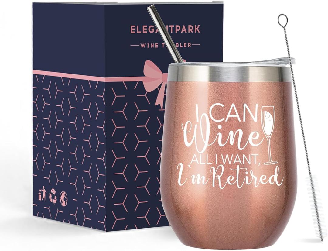 ELEGANTPARK Funny Retirement Gifts for Women 2025 Retired Gifts for Her Retirement Wine Tumbler for Retired Teachers Friends Coworkers Boss Travel Cup Tumbler with Lid and Straw Rose Gold