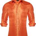 DiBanGu Silk Mens Dress Shirts,Woven Paisley Long Sleeve Button Down Shirt for Men Casual Regular Fit Shirts Wedding Party (Orange, XL)