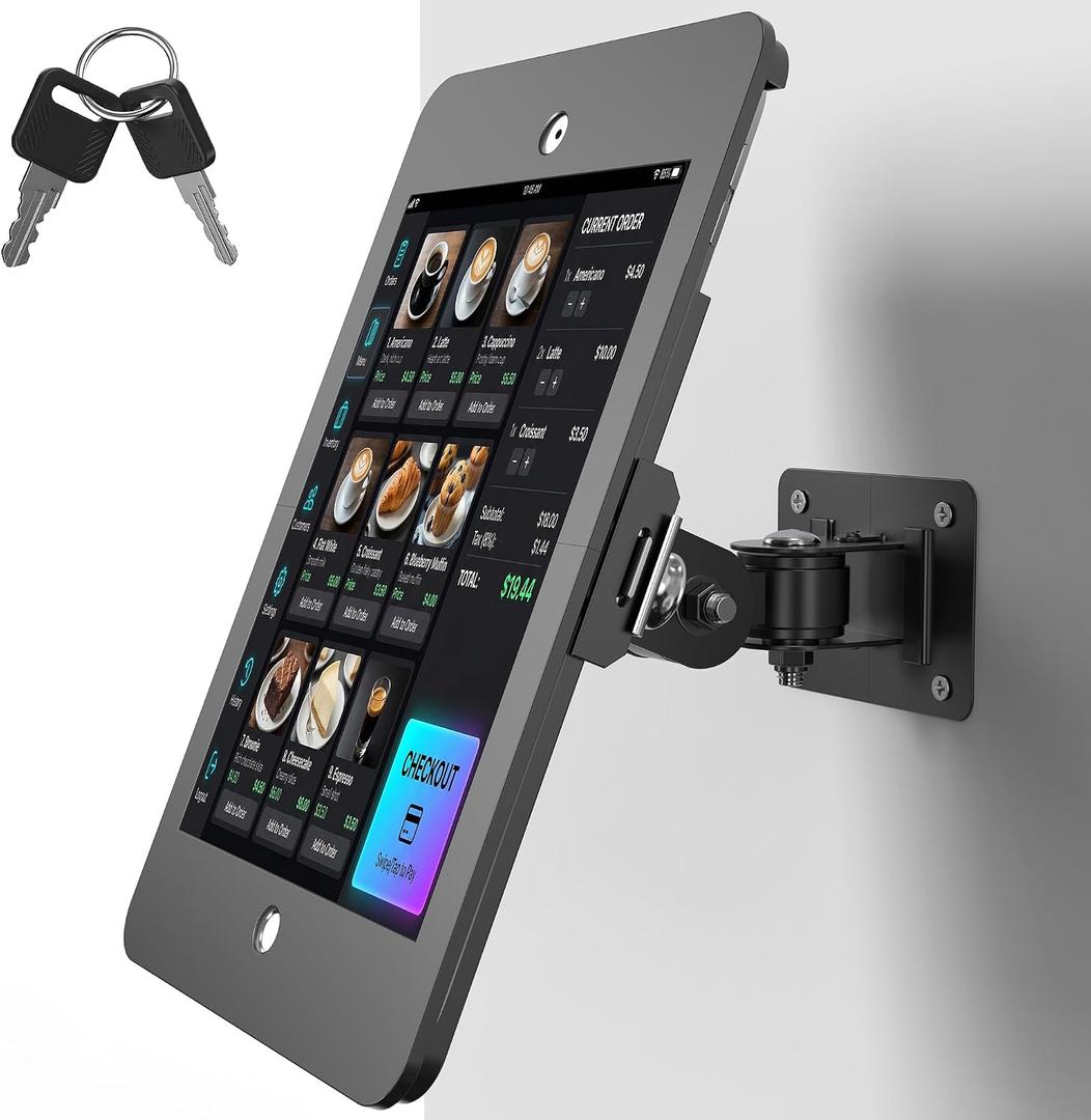 BUSIVYTA Anti-Theft iPad Wall Mount Bracket, Heavy-Duty Aluminum Tablet Kiosk Enclosure with Lock, 360° Rotating Retail POS Display Stand for 10.2-Inch iPad 9th 8th 7th Generation, Commercial Black