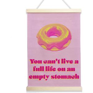 NQDWX You Can't Live a Full Life on an Empty Stomach Donut Hanging Flag - Funny Motivational Wall Decor for Kitchen Cafe or Dining Room, 12x17 Inches Canvas Banner with Wood Frame. (068)