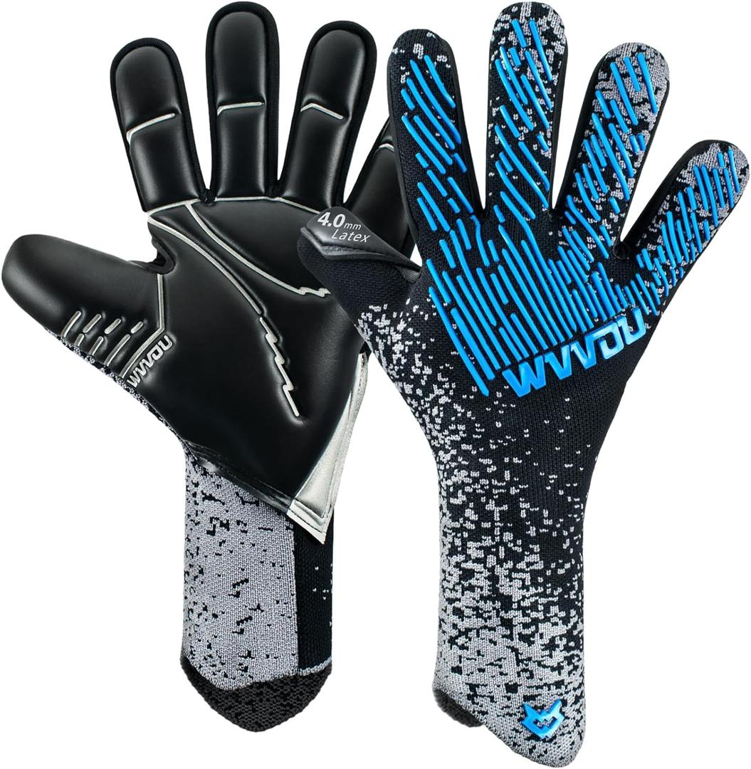 WVVOU Soccer Goalie Gloves Youth Adults, High Performance Goalkeeper Gloves Breathable Soccer Gloves 4+3mm Super Grip for The Toughest Saves (Black Blue) Size 7