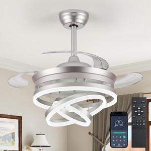 Modern Fandelier Ceiling Fans with LED Lights Remote&App Control, Retractable Fan Blades, 6 Speed Reversible Dimmable 3 Color Setting Chandelier Fan for Bedroom Living Room Dining Room 42 Inch Silver
