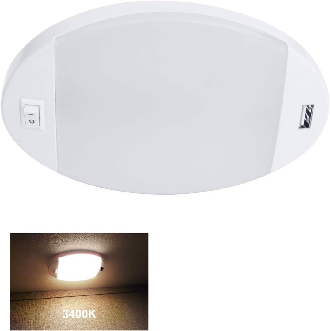Facon 12V RV Interior Lights with Fast USB Charger (5V/2.4A) Oval Pancake LED Ceiling Light Fixture with Switch, 12Volt Lighting for RV, Camper, Boat, Tiny Homes