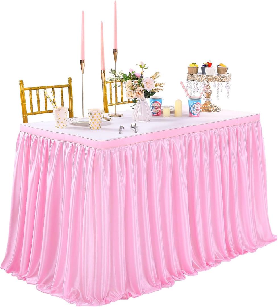 QueenDream 6ft Pink Table Skirt for Gender Reveal Fitted Polyester Table Cloths Cover for Baby Shower Girl Birthday Party Dessert Buffet Banquet Table Decorations (L6(ft)* H30in)
