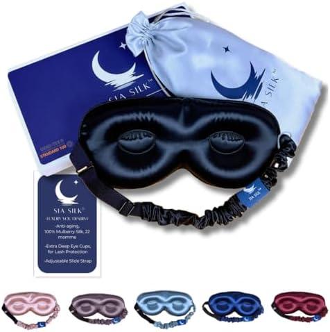Sia Silk Sleep Mask with Eye Cups – No-Pressure 3D Eye Covers for Sleeping with Eyelash Extensions – Made of Thick Memory Foam – Adjustable, Blackout Silk Eye Sleep Mask for Women & Men -Black
