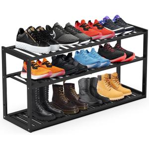Jripae Bamboo Shoe Rack for Closet, Stackable 3 Tier Longer Shoe Organizer Shelf Holder Storage 1215 Pairs for Entryway Door Hallway Bedroom Garage Space Saving Foldable Black