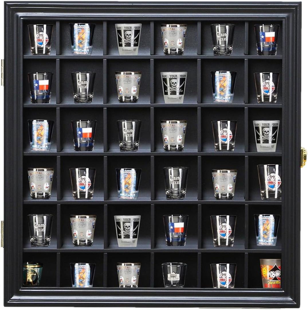 Shot Glass Display Case Wooden Cabinet Rack Holder Wall Mounted Black Shadow Box Lockable with UV Protection Acrylic Glass Door Shot Glass Storage Display with Removable Shelves, 16.5"x16.2", 36 Slots
