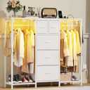 HIGDBFE 49.2W Dresser with 2 Hanging Racks, 5 Drawers Dresser with LED Lights & Charging Station, Dressers TV Stand with Clothes Rack, Shoe Racks and Side Hooks, Chest of Drawers for Bedroom, White, 11.8"D x 49.2"W x 43.9"H