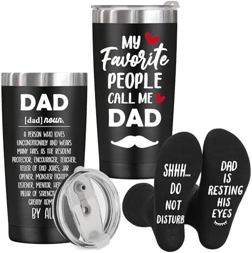 Dad Gifts for Fathers Day, Birthday, Best Dad Ever Gifts, Funny Socks + 20 Oz Insulated Tumbler Cup, New Bonus Step Daddy Gift from Daughter Son