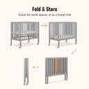 Dream On Me Jett Mini Folding Baby Crib in Pebble Grey, GreenGuard Gold & BSA, Lightweight & Portable, Patented Flat Folding System, Small Spaces & Travel, 1.5 Mattress Pad, 3 Heights, Safe Wheels
