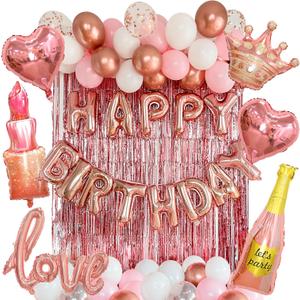 VIDAL CRAFTS 71-Piece Rose Gold Birthday Decorations for Women - Party Backdrop with Latex, Foil & Confetti Balloons, Happy Birthday Decorations Banner & Rose Gold Foil Fringe Curtains