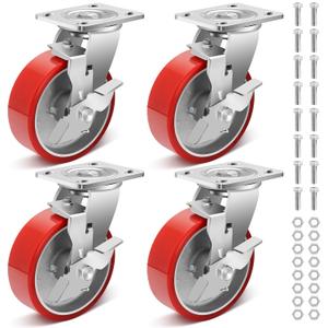Nefish 6 Inch Heavy Duty Industrial Grade Casters Wheels, Aluminum Core PU Castor Set of 4, Durable Plate Swivel Casters with Brake 5000 LBS, Anti-Corrosion Wheels for Industrial, Equipment