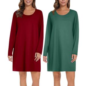 Ekouaer 2 Pack Long Sleeve Sleep Shirts for Women Soft Night Shirts Pullover Nightgowns Comfy Night Gowns Dress S-3XL (Medium, Wine Red&evergreen)