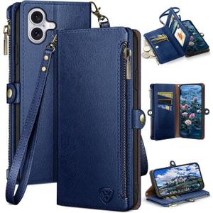 XcaseBar Compatible with iPhone 17 6.3" Wallet case with Zipper Credit Card HolderRFID Blocking,Flip Folio Book PU Leather Phone case Shockproof Cover Women Men for Apple 17 case Blue