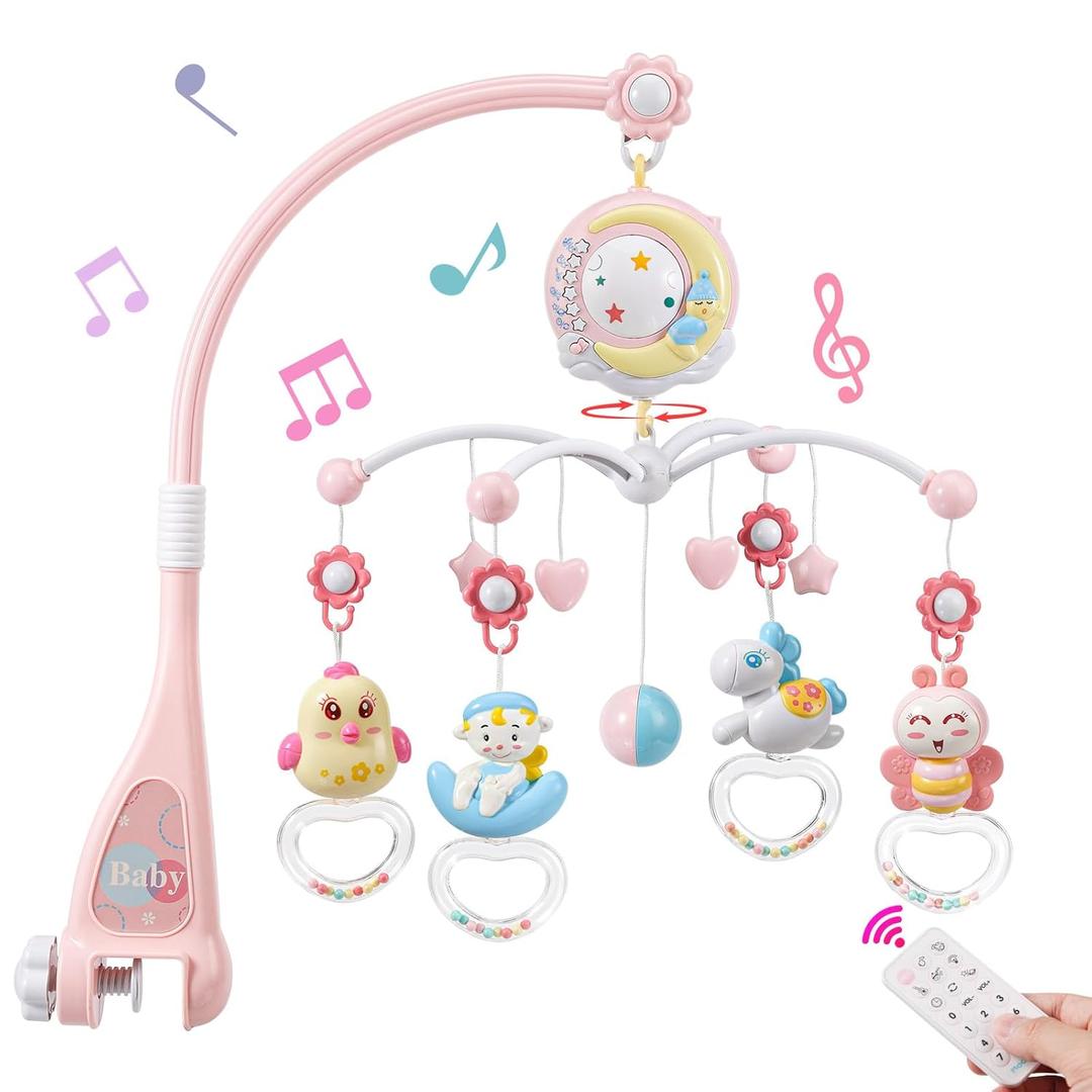 BOBXIN Baby Musical Crib Mobile for Bassinet with Projector and Night Light,150 Music,Timing Function,Take Along Mobile Musical Box and Rattle,Toy for Newborn Girls Boys (pink)