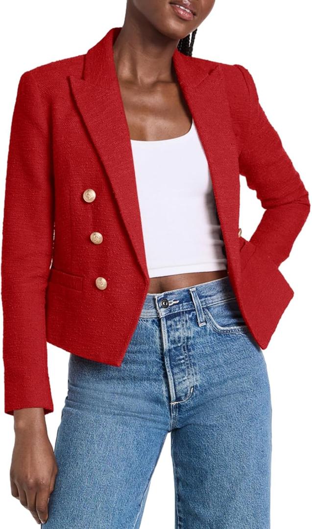Cicy Bell Women Cropped Tweed Blazer Jackets Lapel Open Front Long Sleeve Business Suit Jackets with Pocket (Large, Red)