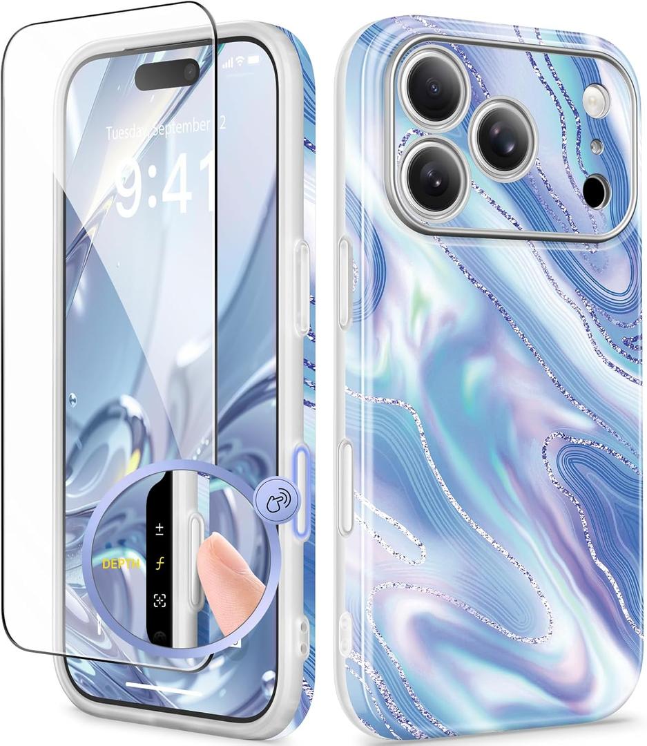 GVIEWIN for iPhone 17 Pro Case Compatible with MagSafe, with Screen Protector [Full Camera Protection] Military-Grade Shockproof Slim Magnetic Marble Phone Case for 17 Pro 6.3", Aurora/Azure Blue