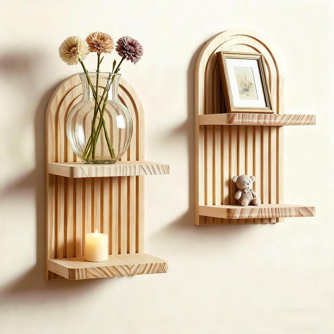 Artilady 2 Pack Boho Wall Hanging Shelves - 2 Tier Handmade Rainbow Arch Solid Wood Floating Shelf Wall Decor Trinket Storage Rack for Bedroom Living Room Nursery Bathroom