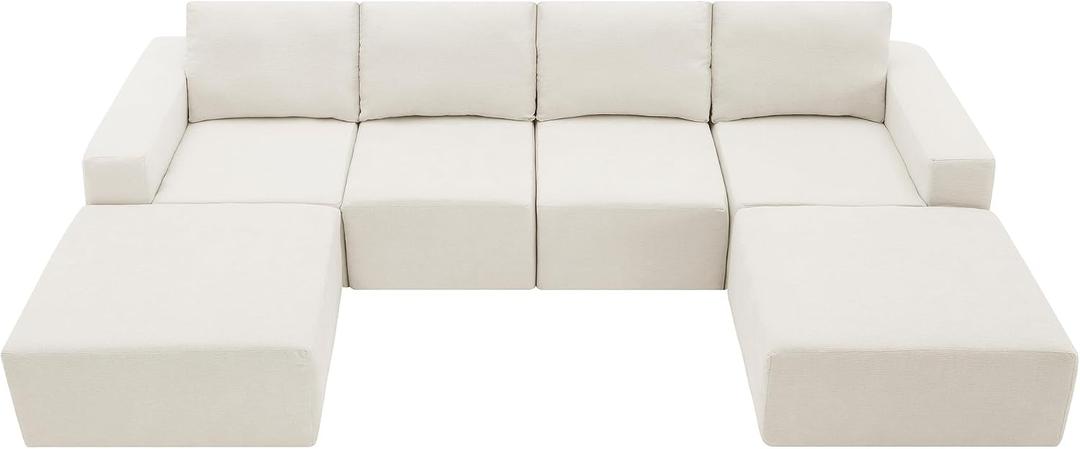 Ball & Cast 110"x72" Minimalist Modular U-Shaped Sectional Sofa with 2 Ottomans, Chenille Cloud Floor Couch with Compressed Upholstery, No Assembly Required, for Living Room, Apartment, Beige