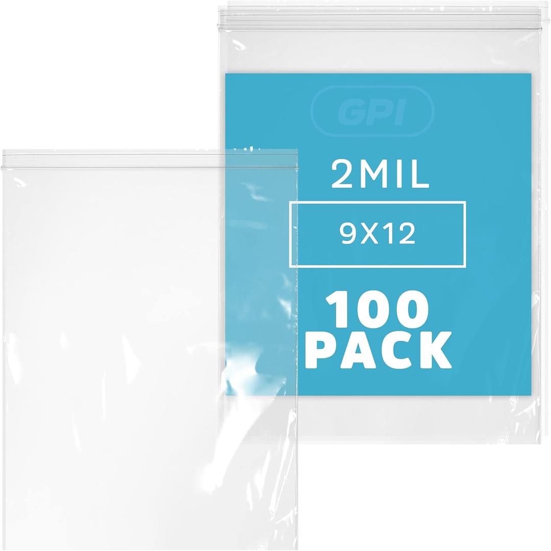 GPI - 9" x 12" Zip Bags, 100 Count, 2 Mil, Clear Plastic Reclosable Zipper Poly Baggies, with Resealable Zip Top Lock. for A4 Letter Size Paper, Apparel, Clothing, Food, Home & Office Supplies