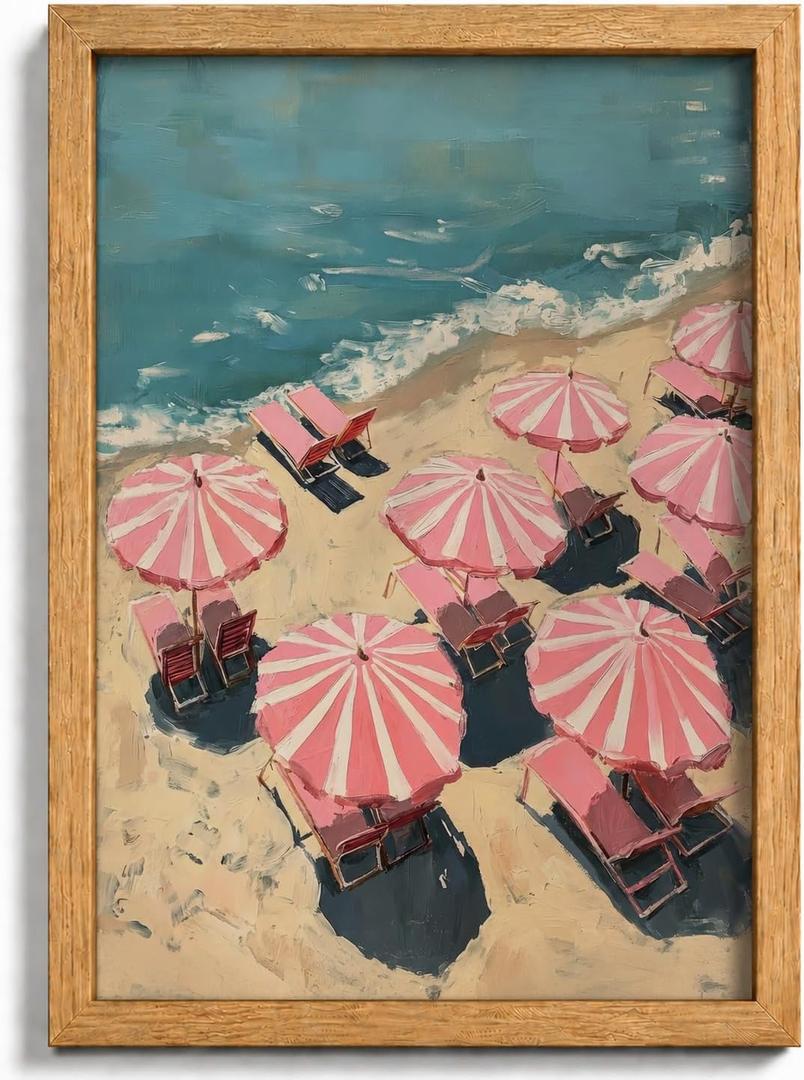Framed Pink Beach Umbrella Canvas Wall Art,Coastal Umbrellas Wall Decor, 24"L x 16"W