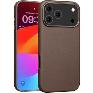 for iPhone 17 Pro Max Leather Case Compatible with Magsafe, Top Grain Leather, Professional Slim Fit Shockproof, Metal Buttons & Camera Bump Frame Phone Protective Magnetic Cover Coffee Brown