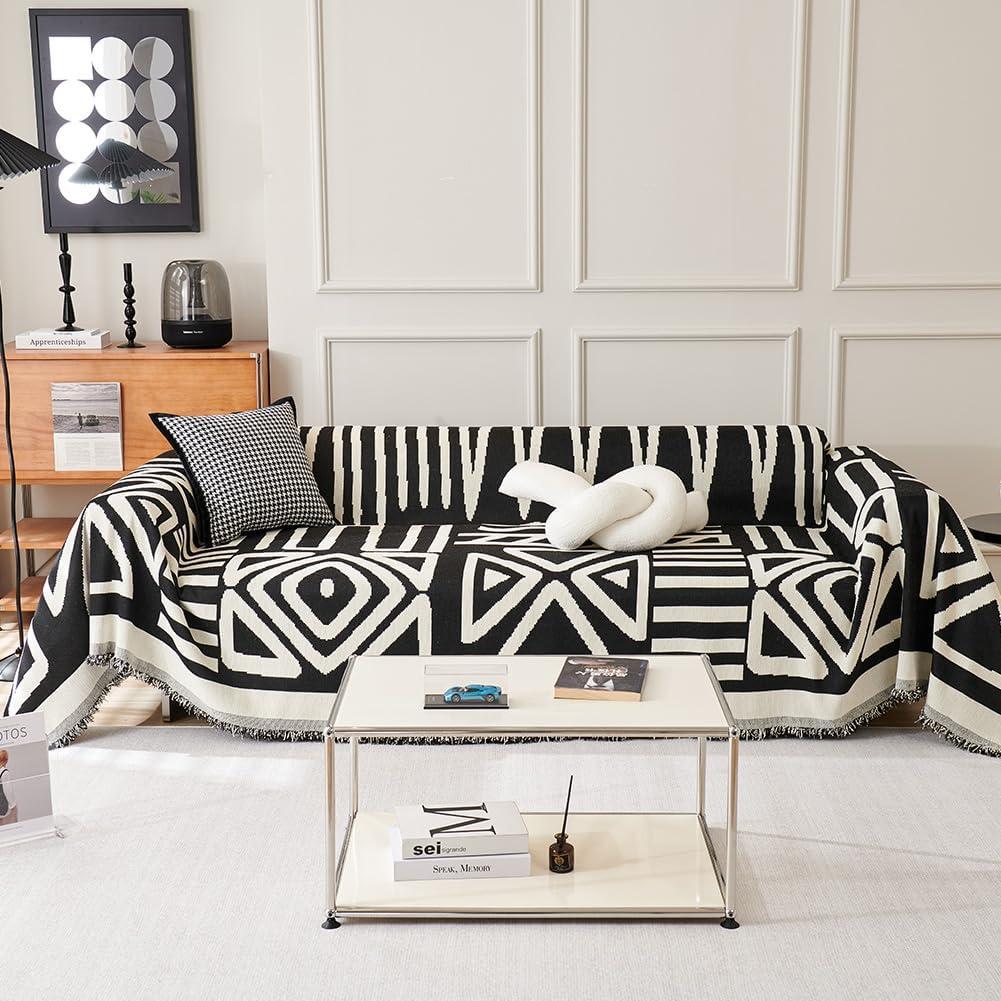 Boho Couch Cover for 2 Cushion Couch Reversible Chenille Sectional Sofa Covers Washable for Dog Couch Cushion Covers Sofa Cover with Tassel for Pets (Boho 03# Black,Large:71"x 118")