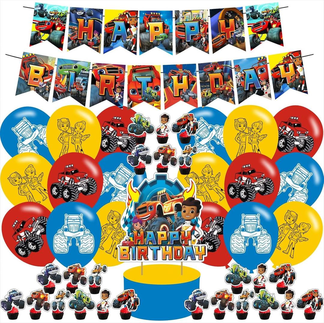 Blaze and The Monster Themed Birthday Party Supplies Set Happy Birthday Banner, Cake Topper, Cupcake Toppers, Balloons Stickers for Monster Car Kids Party Decorations