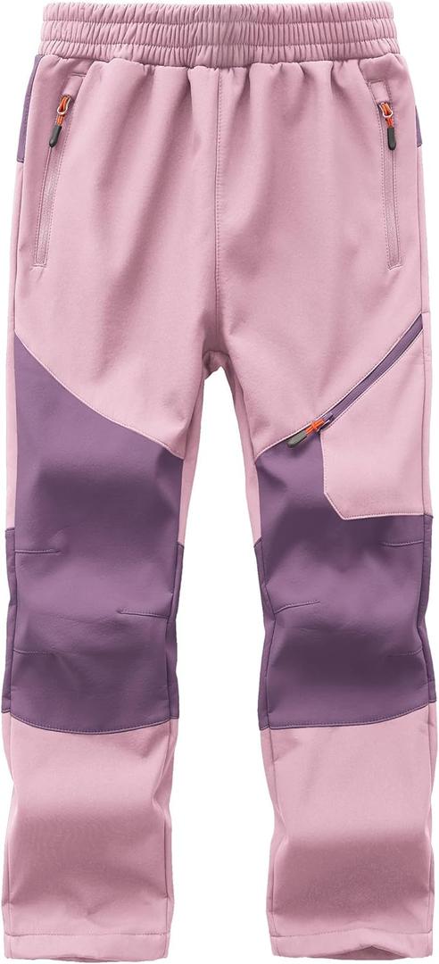 Kids Winter Pants Fleece Lined Waterproof Boys Ski Pants Thermal Outdoor Softshell with Zipper Pockets (Small, Pink+ dark Purple)