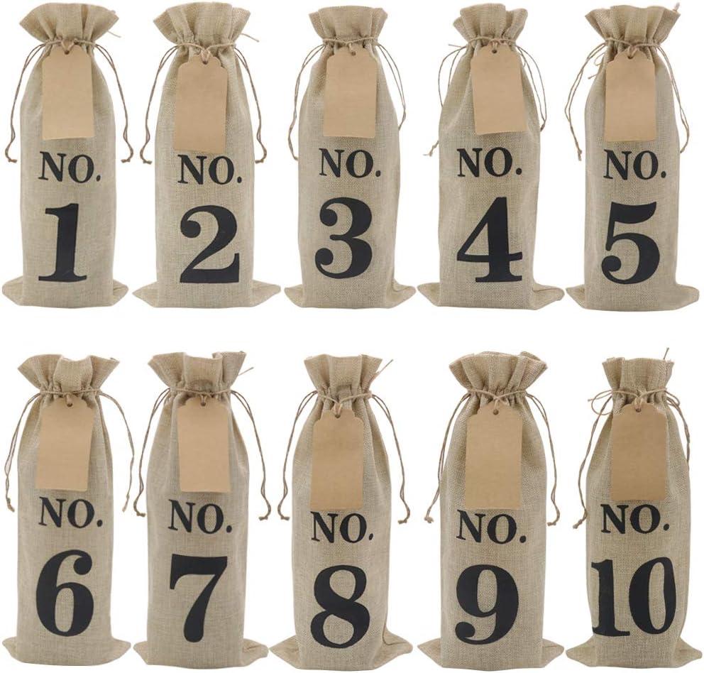 HRX Package 10pcs Burlap Wine Bags with Tags for Blind Wine Tasting, Numbered Hessian Cloth Glass Bottle Gift Bags for Christmas Wedding Party Decoration