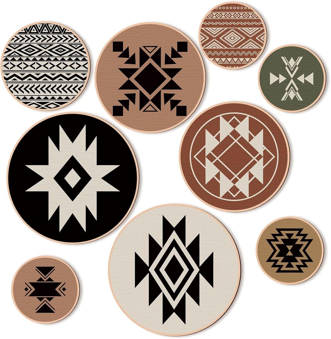 Geelin 9 Pieces Aztec Wall Decor Western Southwestern Abstract Boho Wall Art Prints Wooden Sign Hanging Bohemian Modern Diamond Patterns for Home Living Room, 4 Sizes(Stylish Style)