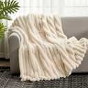 Cozy Bliss Faux Fur Throw Blanket for Couch, Cozy Warm Plush Striped Blanket for Sofa Bedroom Living Room, 108 * 90 Inches Beige