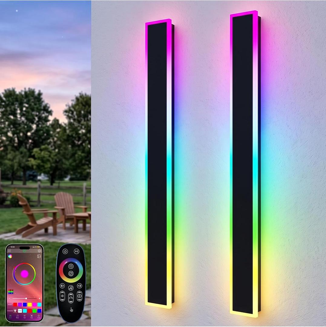 2 Pack 47.2in RGB LED Outdoor Wall Lights, RGB/Warm/White Color Changing,10%-100% Dimmable, IP65 Waterproof Linear Wall Sconce, APP & Remote Control for Patio
