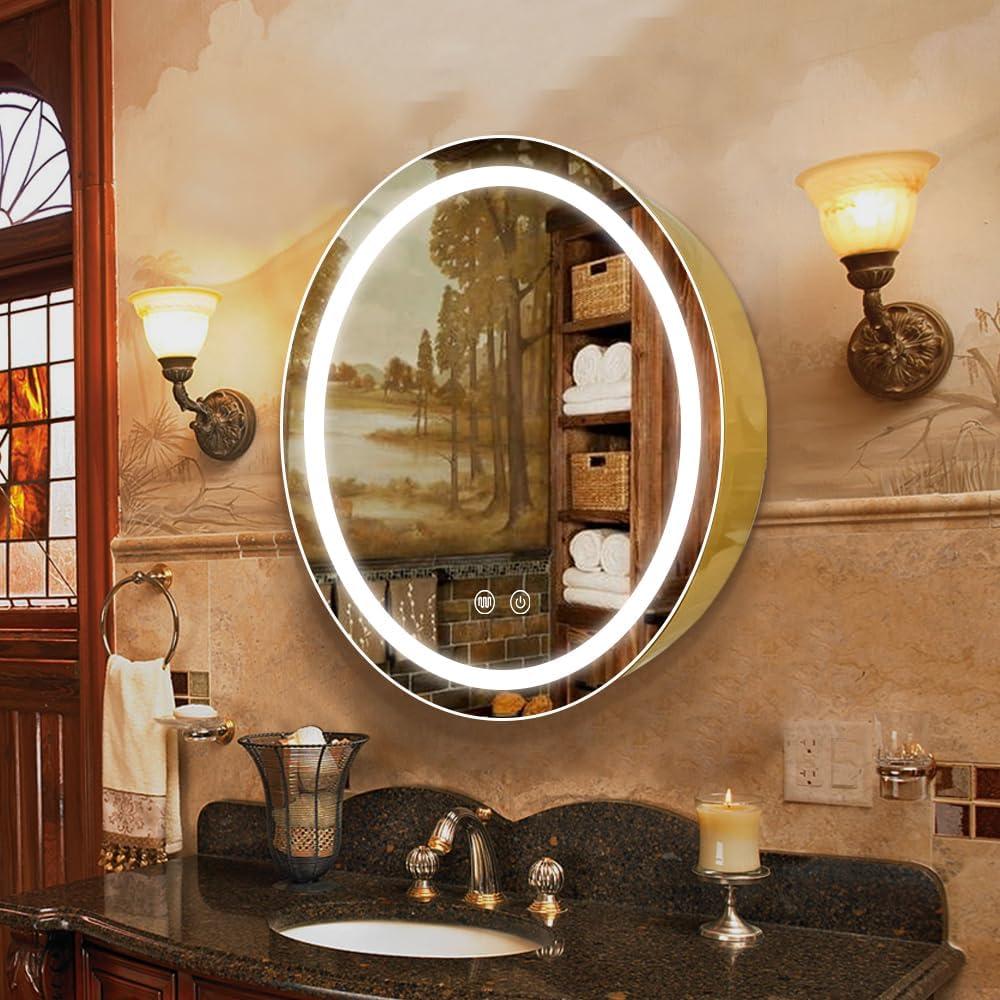 26inch Round Medicine Cabinet with Lights,Led Medicine Cabinet with Defogger,Illuminated Mirror Cabinet for Bathroom,Dimmable,Anti-Fog,3 Colors,Surface Mount only,Gold