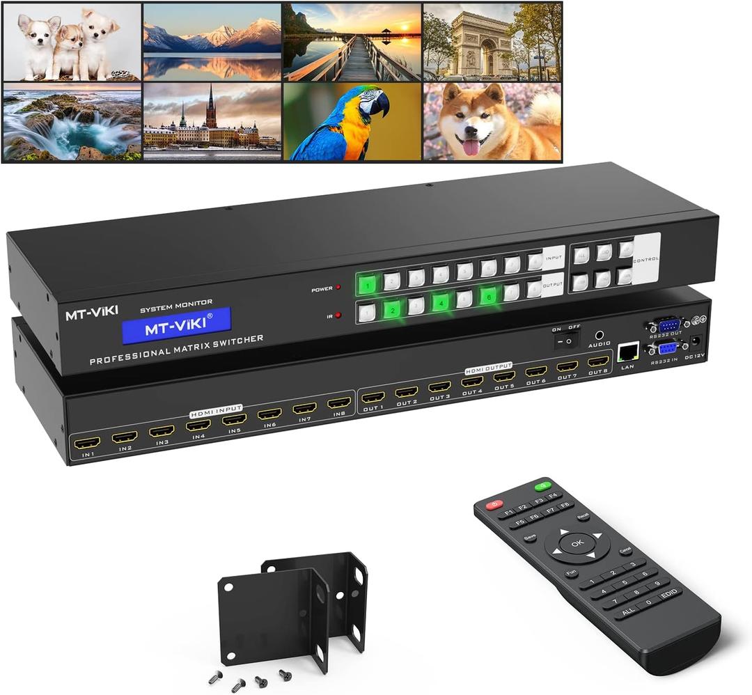 MT-VIKI 4K HDMI Matrix Switch 8X8 w/Web GUI & Audio Extraction w/Remote, 4K@30Hz, Rack Mount Switcher & Splitter, EDID, RS232, LAN Port, APP, Fit 1U 19'' Rack for Conference Room, Church, Bar
