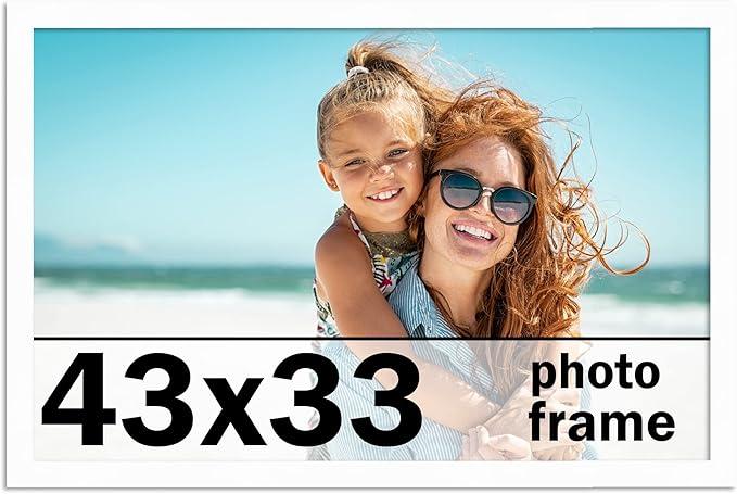 43x33 Frame White Solid Wood Picture Frame Includes UV Acrylic Shatter Guard Front, Acid Free Foam Backing Board, Hanging Hardware Wood Square Frame Wall Frames for Family Photos - no Mat