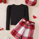 Clothes for Girls Puff Sleeve Plaid Skirt Beret 3 Piece Set 6-12Y